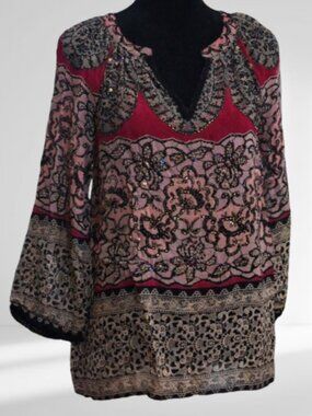 Bila Beaded sparkle blouse Black lace design Red & Mauve LARGE